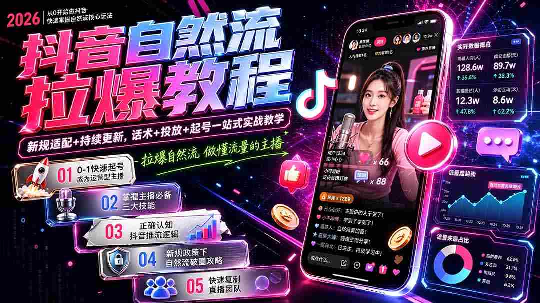 （20011期）抖音自然流拉爆教程-更新8月：做懂流量的主播，新规适配+持续更新，话术+投放+起号一站式实战教学-中创网_分享创业项目_助您在家赚钱