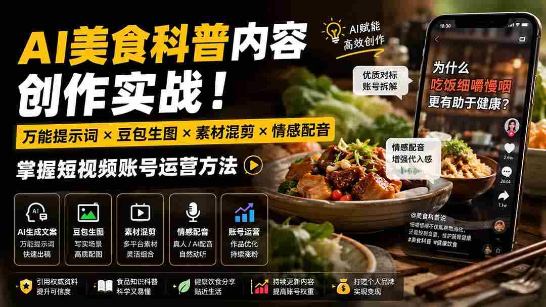 （19730期）外面卖199元-AI美食科普内容创作实战！万能提示词×豆包生图×素材混剪×情感配音，掌握短视频账号运营方法-中创网_分享创业项目_助您在家赚钱