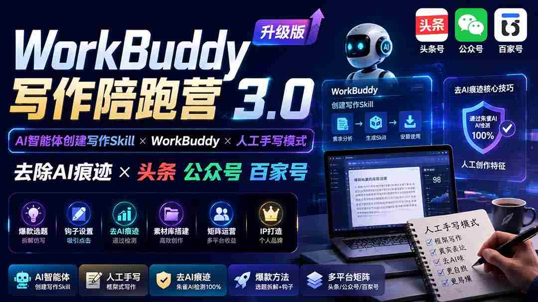 （19920期）WorkBuddy写作陪跑营3.0-更新：Ai智能体创建写作Skill×WorkBuddy×人工手写模式×去除AI痕迹×头条公众号百家号-中创网_分享创业项目_助您在家赚钱