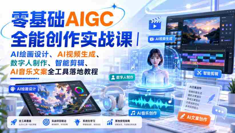 零基础AIGC全能创作实战课|AI绘画设计、AI视频生成、数字人制作、智能剪辑、AI音乐文案全工具落地教程