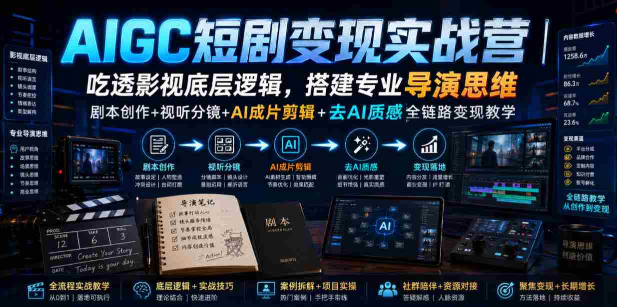 AIGC短剧变现实战营|吃透影视底层逻辑,搭建专业导演思维,剧本创作+视听分镜+AI成片剪辑+去AI质感全链路变现教学