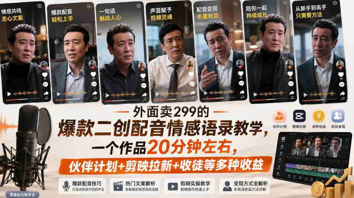 外面卖299的爆款二创配音情感语录教学,一个作品20分钟左右,伙伴计划+剪映拉新+收徒等多种收益