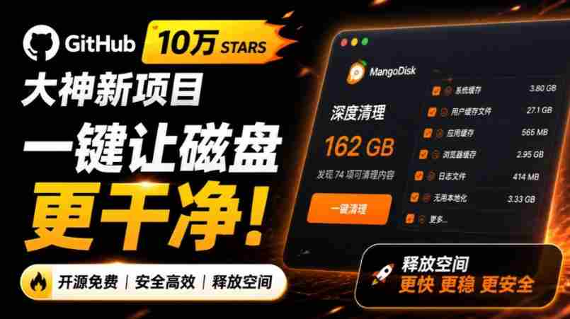 在Gtihub上做出10万stars的大神,又发布新项目了!一键让磁盘更干净,开源免费清理工具MangoDisk