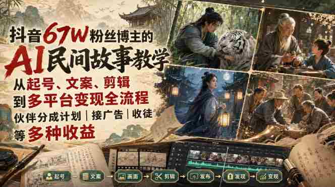 抖音67W粉丝博主的AI民间故事教学，从起号、文案、剪辑到多平台变现全流程，伙伴分成计划接广告等多种收益，月入1W+-中创网_分享创业项目_助您在家赚钱