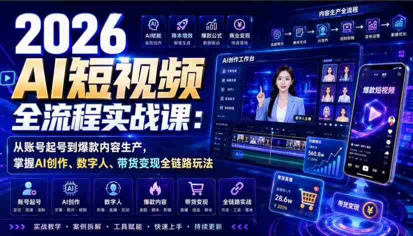 2026 AI短视频全流程实战课：从账号起号到爆款内容生产，掌握AI创作、数字人、带货变现全链路玩法-中创网_分享创业项目_助您在家赚钱