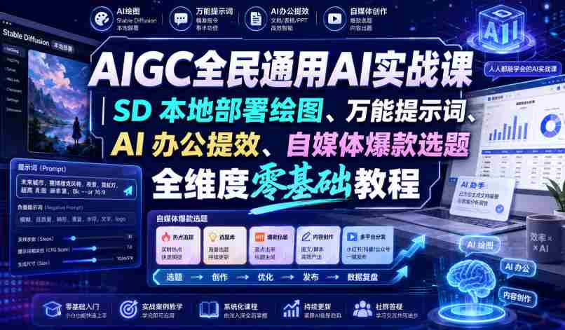 AIGC全民通用AI实战课｜SD本地部署绘图、万能提示词、AI办公提效、自媒体爆款选题全维度零基础教程-中创网_分享创业项目_助您在家赚钱