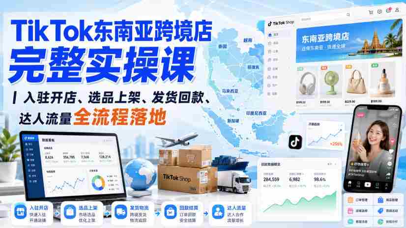 TikTok东南亚跨境店完整实操课|入驻开店、选品上架、发货回款、达人流量全流程落地