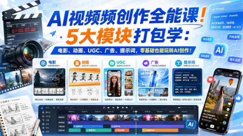 AI视频频创作全能课！5大模块打包学：电影、动画、UGC、广告、提示词，零基础也能玩转AI创作！【原创双语字幕】-中创网_分享创业项目_助您在家赚钱
