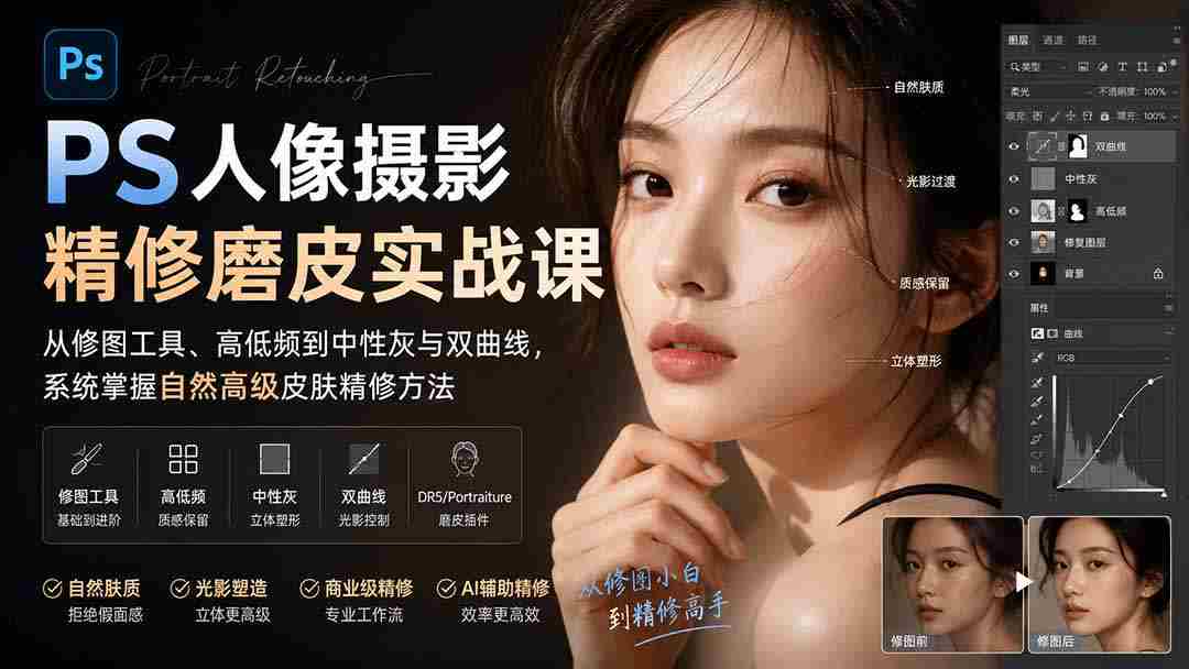 （20061期）PS人像摄影精修磨皮实战课：从修图工具、高低频到中性灰与双曲线，系统掌握自然高级皮肤精修方法-中创网_分享创业项目_助您在家赚钱