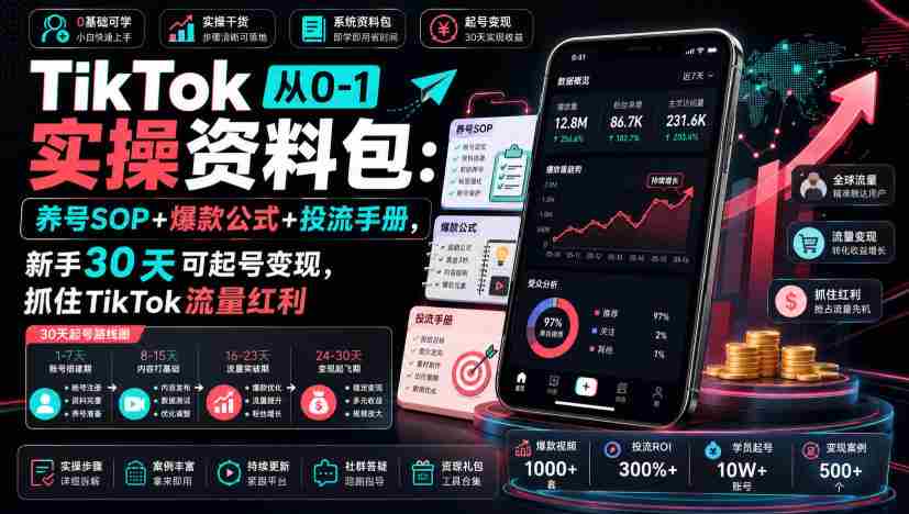 TikTok从0-1实操资料包:养号SOP+爆款公式+投流手册,新手30天可起号变现,抓住TikTok流量红利