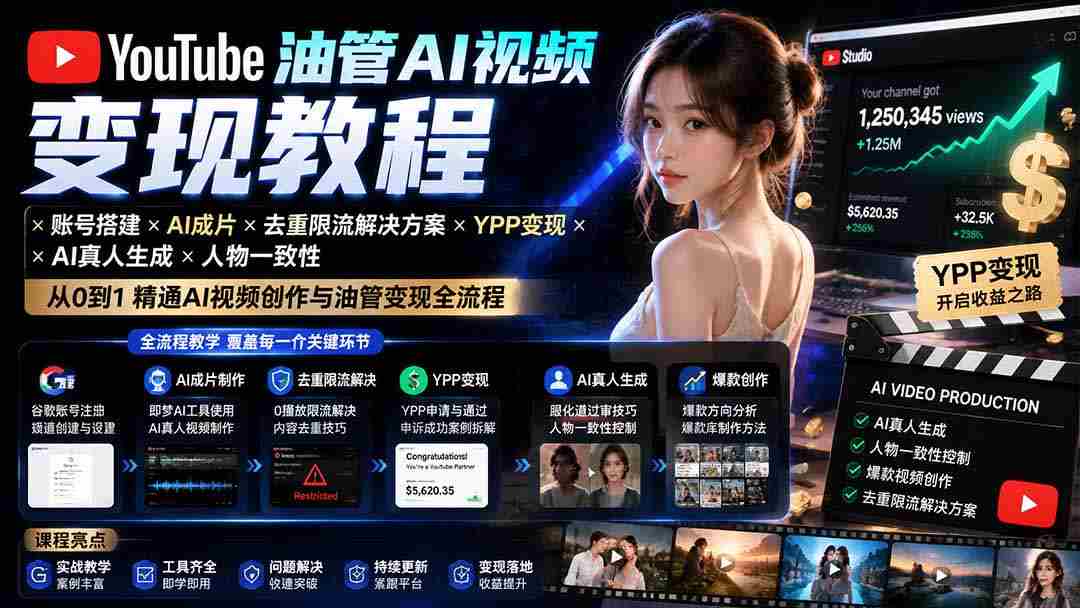 （19689期）YouTube油管AI视频变现教程：账号搭建×AI成片×去重限流解决方案×YPP变现×AI真人生成×人物一致性-中创网_分享创业项目_助您在家赚钱