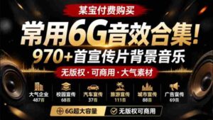 (19764期)某宝付费购买,常用6G音效合集!970+首宣传片背景音乐,无版权可商用大气素材,分类清晰,高质量内容-中创网_分享创业项目_助您在家赚钱