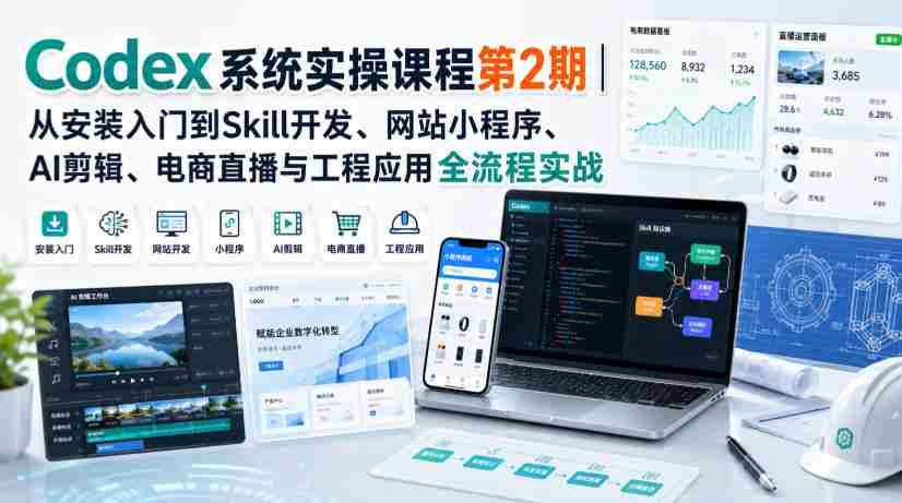 Codex系统实操课程第2期|从安装入门到Skill开发、网站小程序、AI剪辑、电商直播与工程应用全流程实战