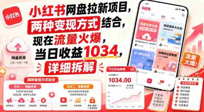 小红书网盘拉新项目，两种变现方式结合，现在流量火爆，当日收益1034，详细拆解-中创网_分享创业项目_助您在家赚钱