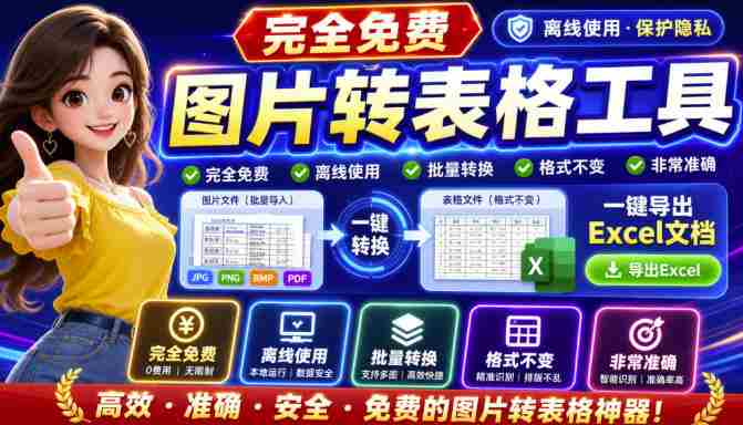 图片表格识别提取工具,支持一键从图片中智能提取表格并导出Excel文件,可离线免网运行,FastTableOCR
