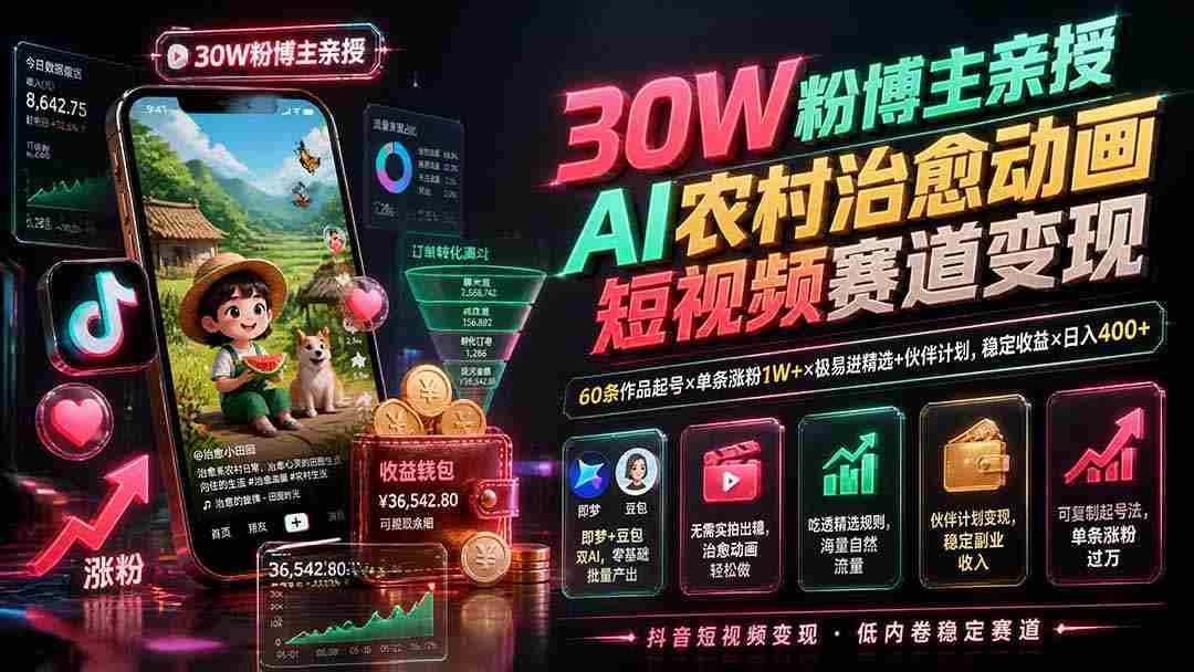 （19648期）30W粉博主亲授AI农村治愈动画短视频赛道变现：60条作品起号×单条涨粉1W+×极易进精选+伙伴计划，稳定收益×日入400+-中创网_分享创业项目_助您在家赚钱