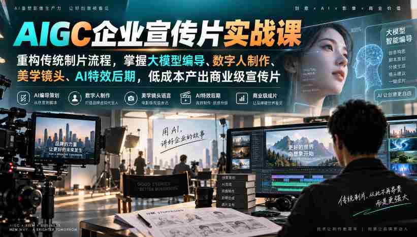 AIGC企业宣传片实战课,重构传统制片流程,掌握大模型编导、数字人制作、美学镜头、AI特效后期,低成本产出商业级宣传片