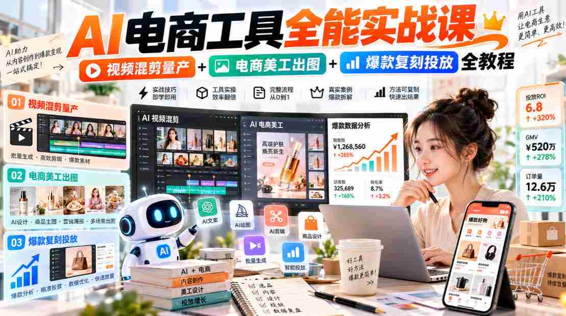 AI电商工具全能实战教学,视频混剪量产+电商美工出图+爆款复刻投放全教程