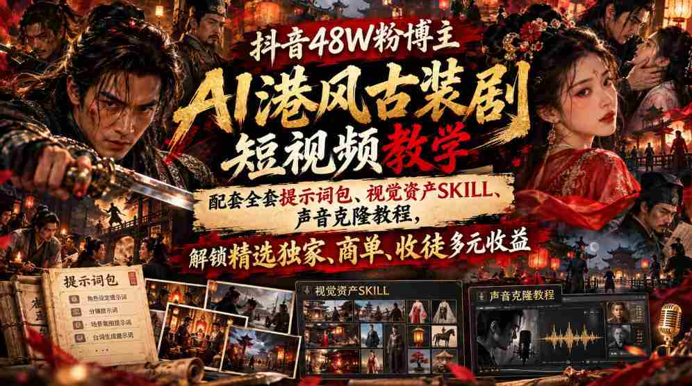 抖音48W粉博主AI港风古装剧短视频教学,配套全套提示词包、视觉资产SKILL、声音克隆教程,解锁精选独家、商单、收徒多元收益