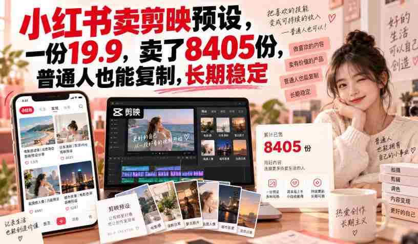 小红书卖剪映预设,一份19.9,卖了8405份,普通人也能复制,长期稳定