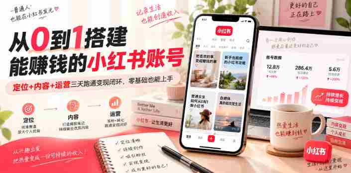 从0到1搭建能賺钱的小红书账号，定位+内容+运营三天跑通变现闭环-中创网_分享创业项目_助您在家赚钱