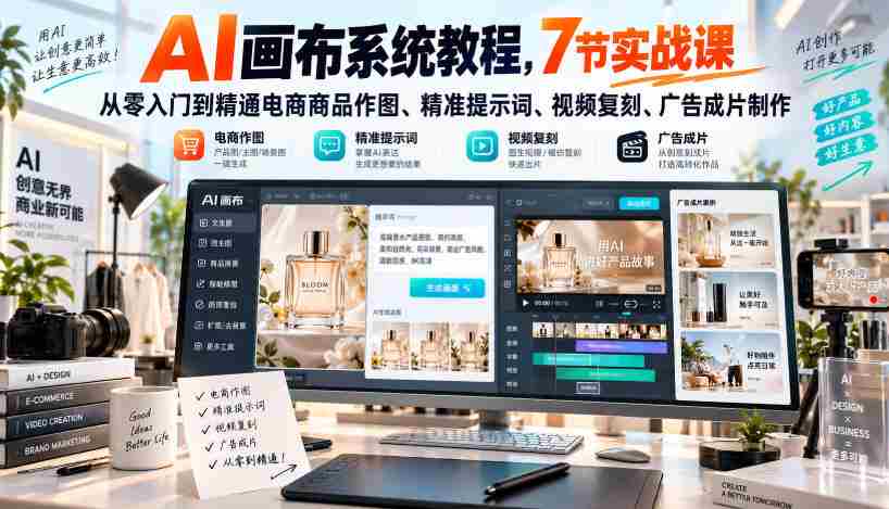 AI画布系统教程,7节实战课从零入门到精通电商商品作图、精准提示词、视频复刻、广告成片制作