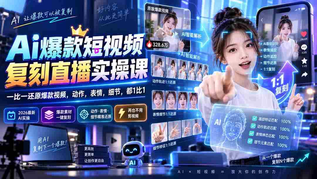 （20304期）最新Ai爆款短视频复刻直播实操课，一比一还原爆款视频，动作，表情，细节，都1比1-中创网_分享创业项目_助您在家赚钱