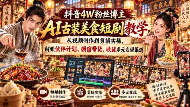抖音4W粉丝博主AI古装美食短剧教学,从视频制作到剪辑实操,解锁伙伴计划、橱窗带货、收徒多元变现渠道