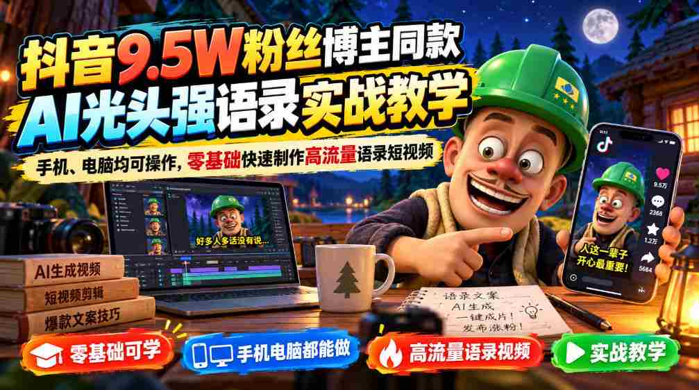 抖音9.5W粉丝博主同款AI光头强语录实战教学，手机、电脑均可操作，零基础快速制作高流量语录短视频-中创网_分享创业项目_助您在家赚钱