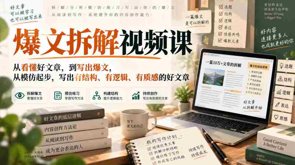 爆文拆解视频课,从看懂好文章,到写出爆文,从模仿起步,写出有结构、有逻辑、有质感的好文章