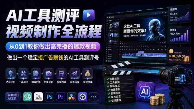 AI工具测评视频制作全流程,从0到1教你做出高完播的爆款视频,做出一个稳定接广告賺钱的AI工具测评号