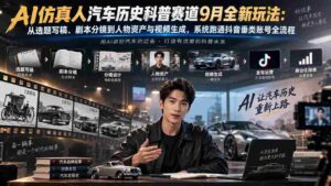 AI仿真人汽车历史科普赛道9月全新玩法:从选题写稿、剧本分镜到人物资产与视频生成,系统跑通抖音垂类账号全流程-中创网_分享创业项目_助您在家赚钱