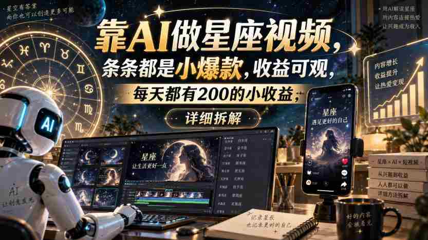 靠AI做星座视频,条条都是小爆款,收益可观,每天都有200的小收益,详细拆解