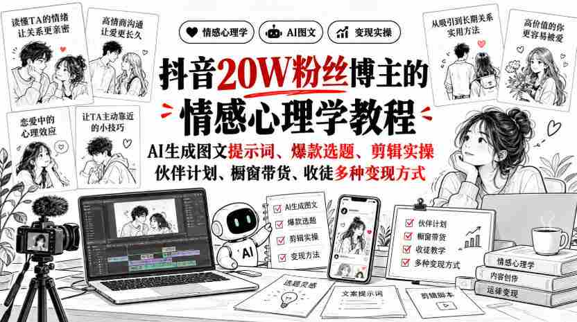 抖音20W粉丝博主的情感心理学教程,AI生成图文提示词、爆款选题、剪辑实操,伙伴计划、橱窗带货、收徒多种变现方式