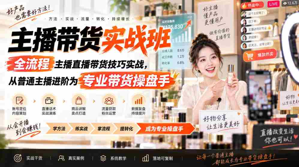 主播带货实战班ZB,全流程主播直播带货技巧实战,从普通主播进阶为专业带货操盘手