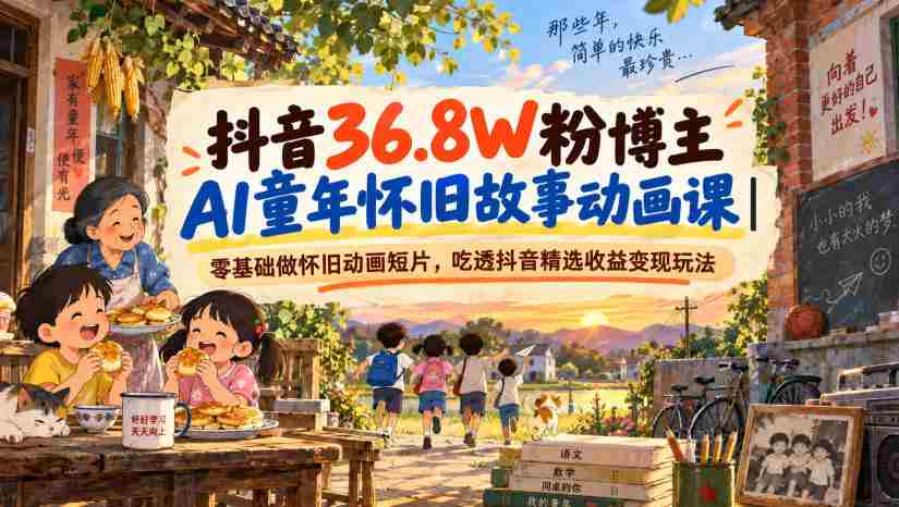 抖音36.8W粉博主AI童年怀旧故事动画课|零基础做怀旧动画短片,吃透抖音精选收益变现玩法