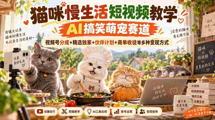 猫咪慢生活短视频教学,AI搞笑萌宠赛道,视频号分成+精选独家+伙伴计划+商单收徒等多种变现方式
