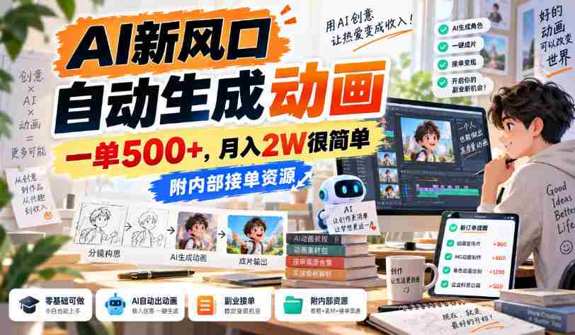 AI新风口,自动生成动画,一单500+,月入2W很简单,附内部接单资源【揭秘】