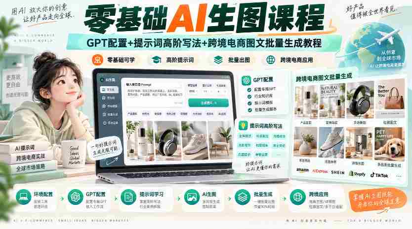 零基础AI生图课程,GPT配置+提示词高阶写法+跨境电商图文批量生成教程