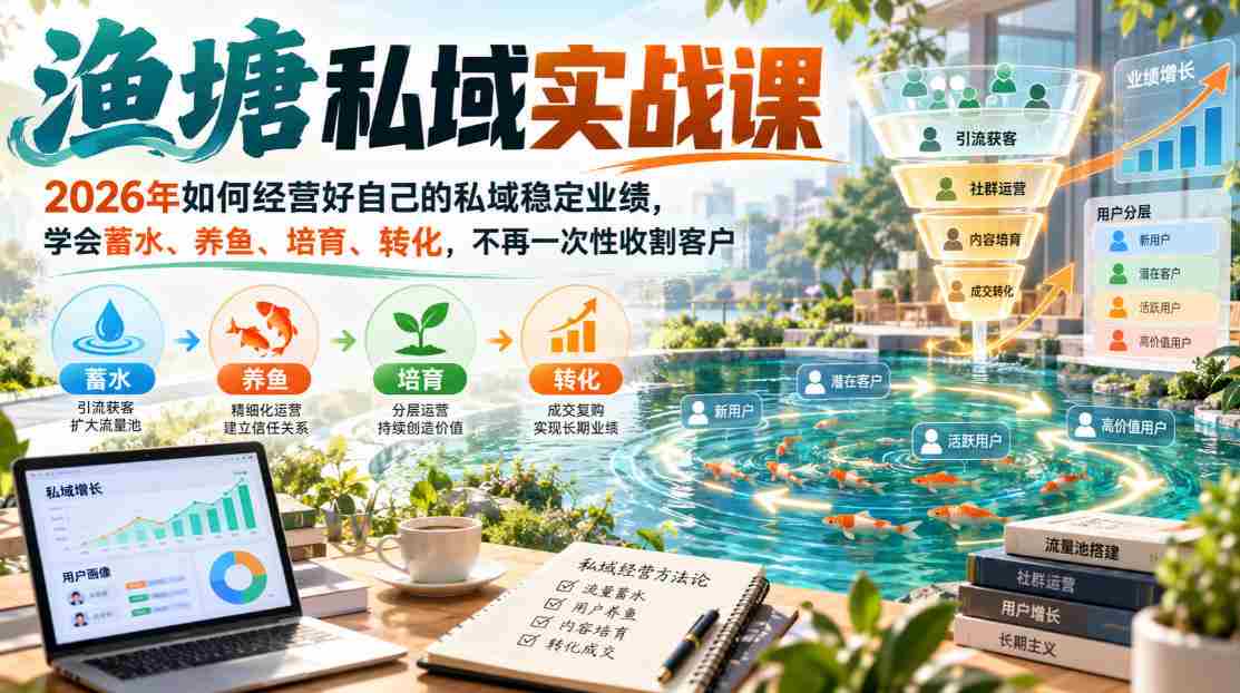 渔塘私域实战课,2026年如何经营好自己的私域稳定业绩,学会蓄水、养鱼、培育、转化,不再一次性收割客户