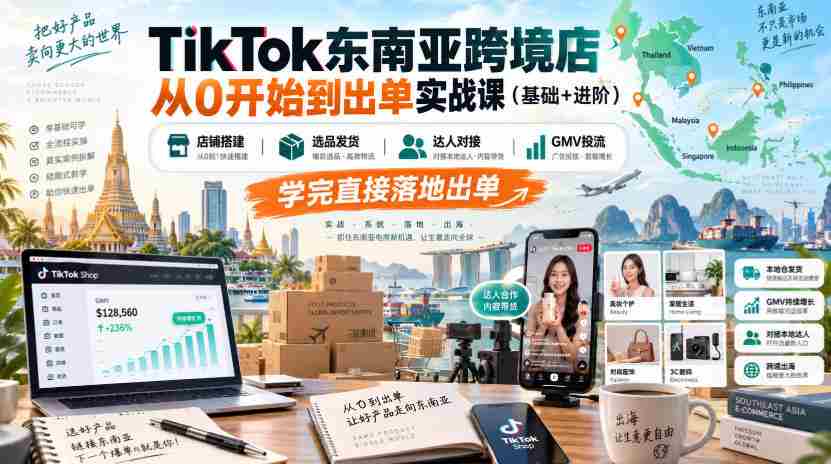 TikTok东南亚跨境店从0开始到出单实战课(基础+进阶),店铺搭建、选品发货、达人对接、GMV投流,学完直接落地出单