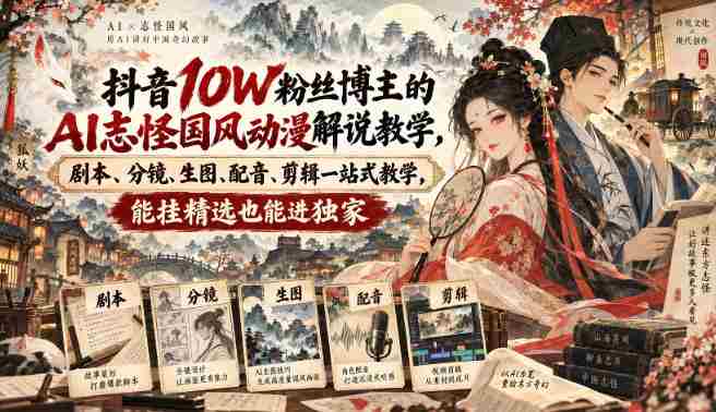 抖音10W粉丝博主的AI志怪国风动漫解说教学,剧本、分镜、生图、配音、剪辑一站式教学,能挂精选也能进独家