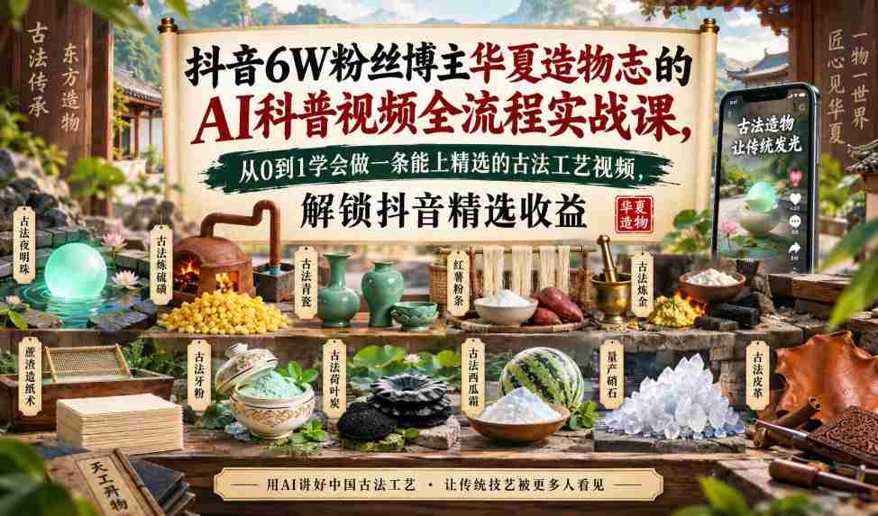 抖音6W粉丝博主华夏造物志的AI科普视频全流程实战课,从0到1学会做一条能上精选的古法工艺视频,解锁抖音精选收益