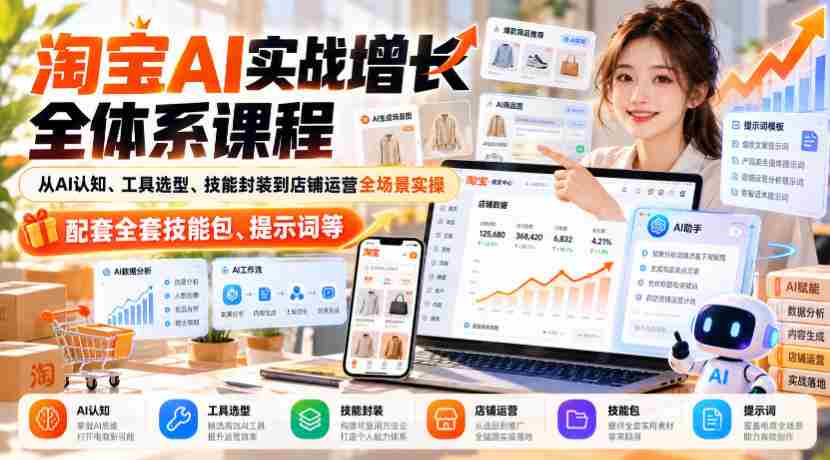 淘宝AI实战增长全体系课程,从AI认知、工具选型、技能封装到店铺运营全场景实操,配套全套技能包、提示词等