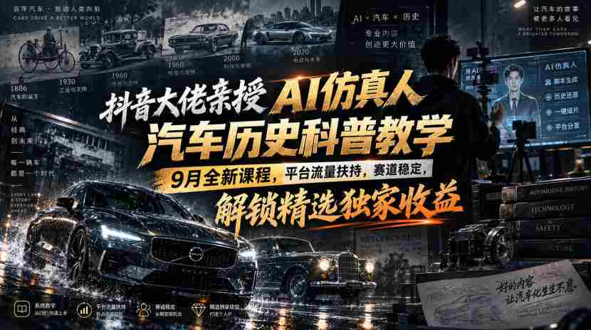 抖音大佬亲授AI仿真人汽车历史科普教学,9月全新课程,平台流量扶持,赛道稳定,解锁精选独家收益