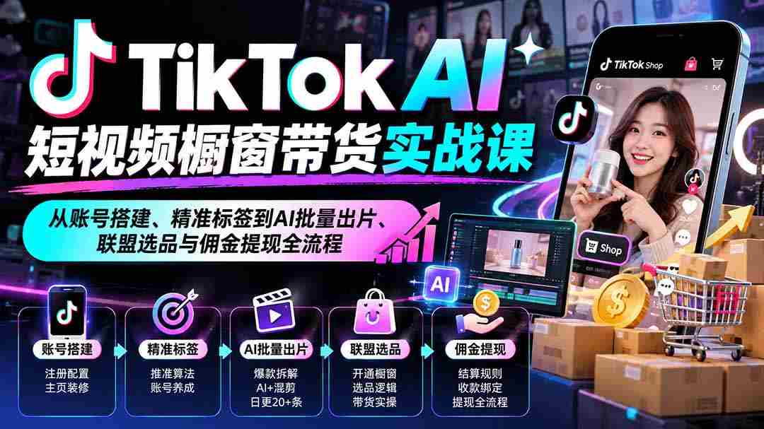 TikTok AI短视频橱窗带货实战课：从账号搭建、精准标签到AI批量出片、联盟选品与佣金提现全流程-中创网_分享创业项目_助您在家赚钱