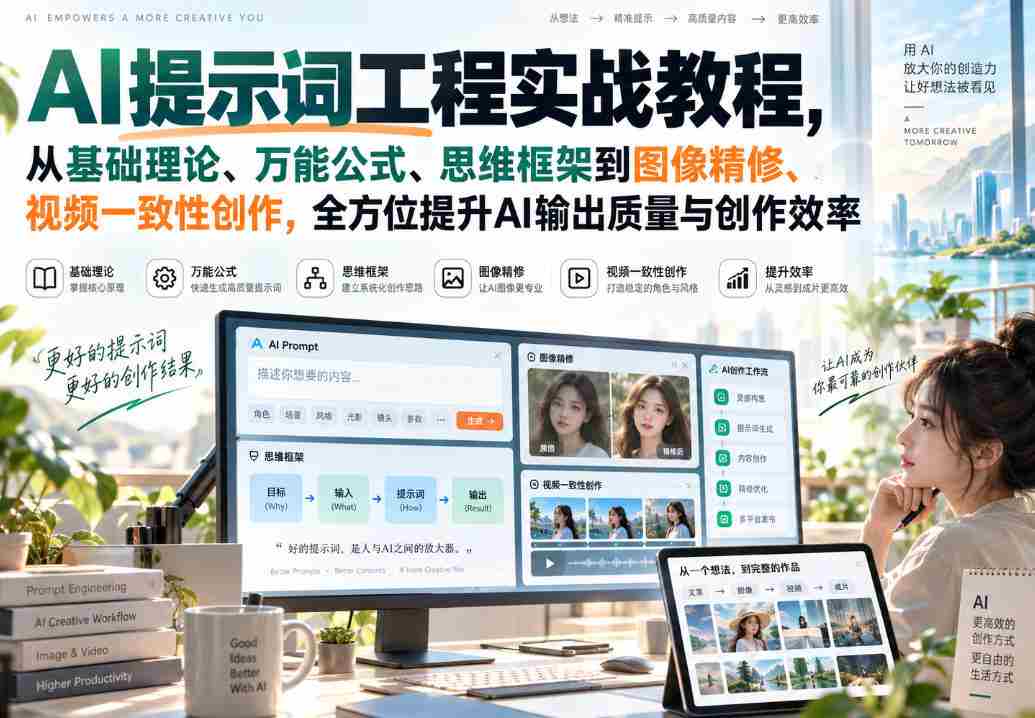 AI提示词工程实战教程,从基础理论、万能公式、思维框架到图像精修、视频一致性创作,全方位提升AI输出质量与创作效率