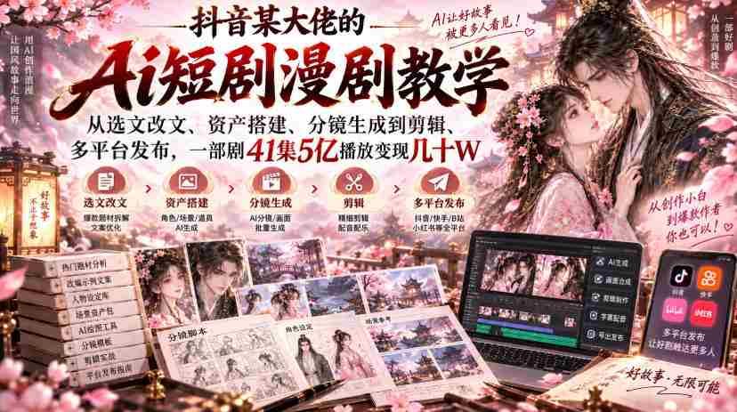 抖音某大佬的Ai短剧漫剧教学,从选文改文、资产搭建、分镜生成到剪辑、多平台发布,一部剧41集5亿播放变现几十W