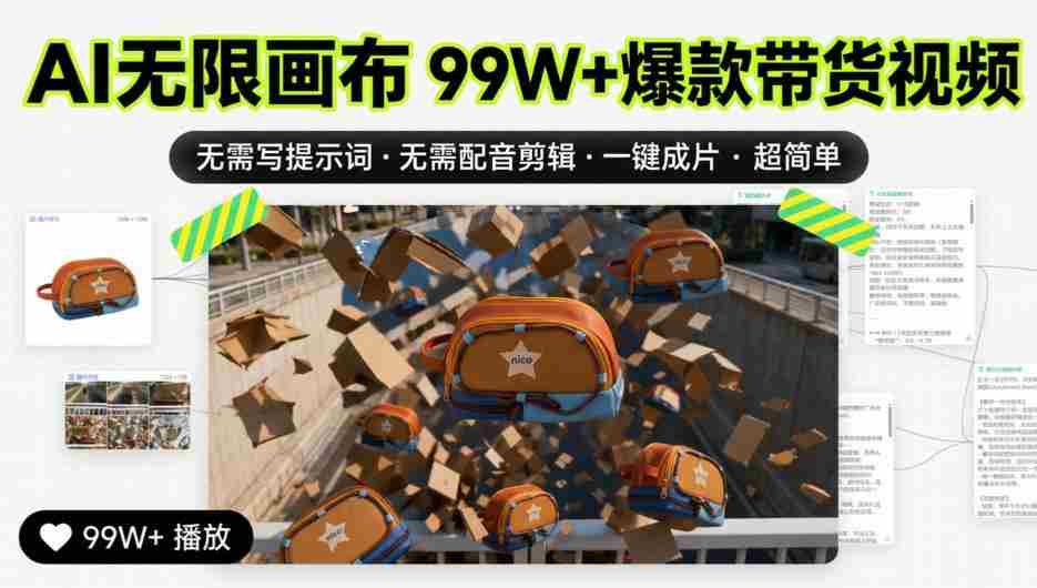 AI无限画布99W+爆款带货视频,无需写提示词·无需配音剪辑·一键成片·超简单