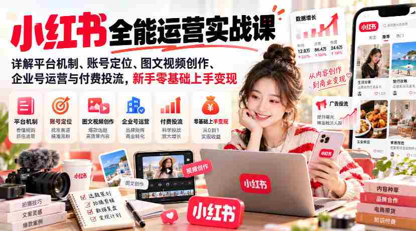 小红书全能运营实战课,详解平台机制、账号定位、图文视频创作、企业号运营与付费投流,新手零基础上手变现